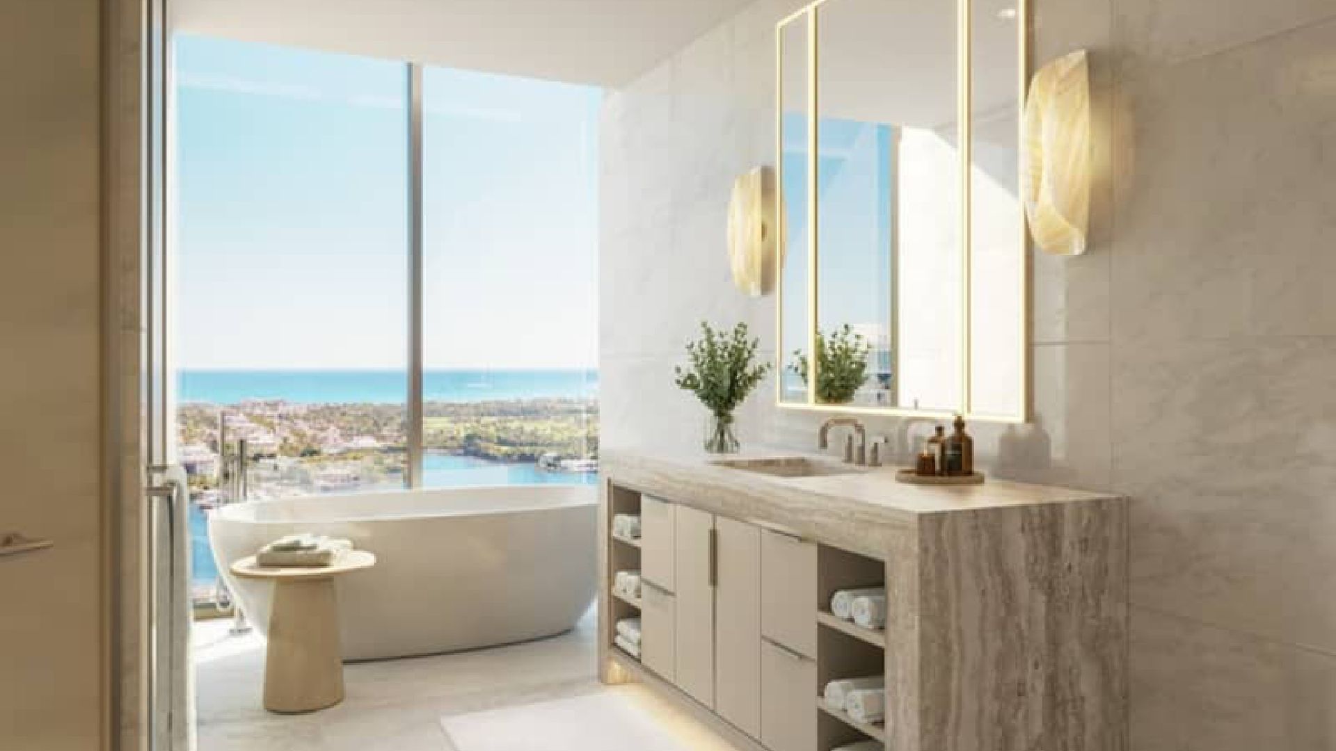 Primary bath with a water view